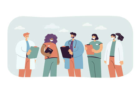 Group of cartoon doctors and nurses in uniform. Flat vector illustration. Hospital professional team of clinic specialists, supporting people. Medicine, emergency, healthcare, profession, help conceptのイラスト素材