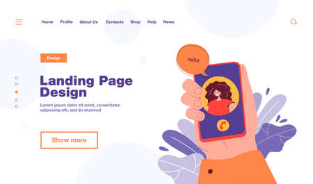 Happy woman greeting from mobile phone screen in hand flat vector illustration. Cartoon male hand holding smartphone. Video call and digital technology conceptのイラスト素材