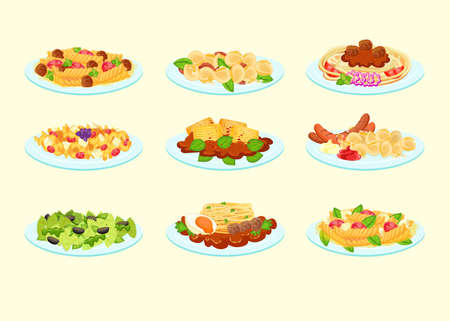 Various pastas served on plates vector illustration set. Cartoon lasagna, tagliatelle bolognese, noodles with meatballs and cheese sauce. Food, macaroni, Italian dish, dinner and meal conceptのイラスト素材