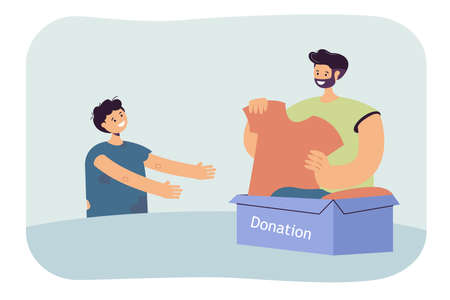 Volunteer giving new clothes to needy boy. Flat vector illustration. Poor child in dirty, old clothes, man, box of new things that people donating. Poverty, volunteering, kindness, donation conceptのイラスト素材