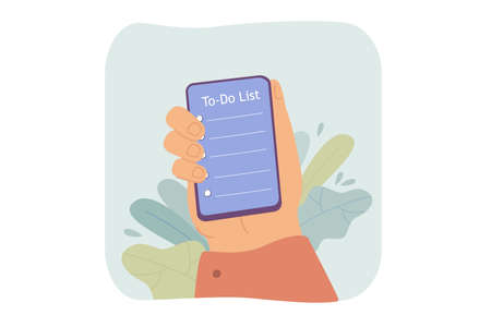 Hand holding smartphone with to do list on screen. Flat vector illustration. Task list, day planning, scheduling. Time management, planning, discipline, technology, business concept for banner designのイラスト素材