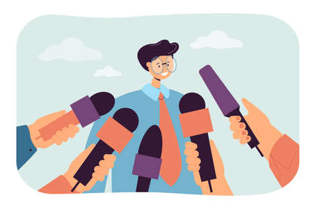 Cartoon man giving opinion to public press. Hands holding mics, guy giving interview or comments flat vector illustration. Television, journalism concept for banner, website design or landing web pageのイラスト素材