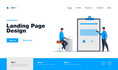 Expert checking business leader order. Tiny character with pencil reading document flat vector illustration. Paperwork, legal expertise concept for banner, website design or landing web pageのイラスト素材