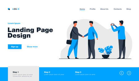 Two businessmen shaking hands and other man taking photo. Partners, agreement. Flat vector illustration. Business concept can be used for presentations, banner, website design, landing web pageのイラスト素材