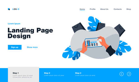 Woman buying clothes on internet store website. Hands of online shopper with smartphone, bags flat vector illustration. Ecommerce, shopping concept for banner, website design or landing web pageのイラスト素材