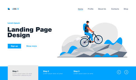 Man cycling on mountain bicycle. Tourist, nature, backpack flat vector illustration. Active lifestyle and extreme sport concept for banner, website design or landing web pageのイラスト素材