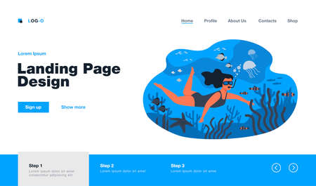 Young woman swimming with mask underwater isolated flat vector illustration. Cartoon character diving in ocean with colorful fishes. Leisure and summer activity conceptのイラスト素材