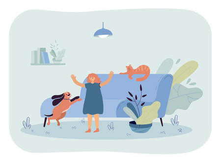Little girl playing with pets at home. Flat vector illustration. Happy child having fun with dog and cat in living room near blue couch. Pet, animal, care, childhood, love concept for banner designのイラスト素材