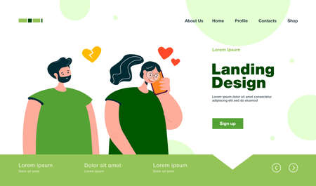 Girlfriend talking on phone and jealous boyfriend. Heartbroken male character, woman smiling flat vector illustration. Jealousy, relationship concept for banner, website design or landing web pageのイラスト素材