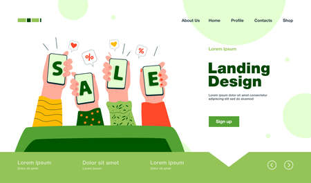 Human hands holding smartphones and showing sale isolated flat vector illustration. Cartoon unrecognizable characters paying via mobile phone. Online shopping and marketing conceptのイラスト素材