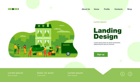 Couple moving out house and giving key to agent. Movers carrying furniture to truck. Vector illustration for relocation, new home, loaders, service conceptのイラスト素材