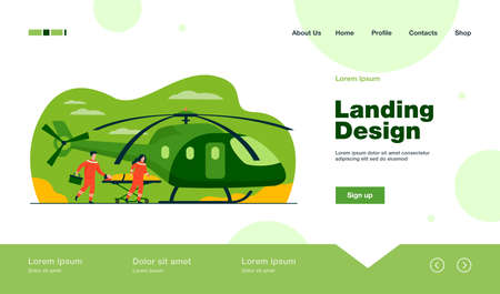 Medical workers wheeling gurney with injured person to copter for evacuation. Vector illustration for emergency, ambulance air transport, rescue helicopter conceptのイラスト素材