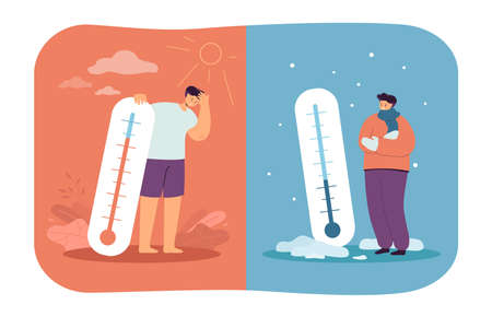Men in cold and hot weather flat vector illustration. Frozen and sweating people standing with thermometers in summer and winter. Meteorology, extremely low and high temperatures, thermostat conceptのイラスト素材