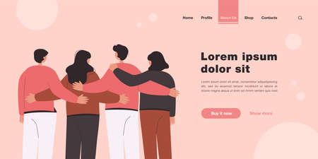 Back view of team members standing together flat vector illustration. Cartoon crowd of people embracing and looking forward. Community, diversity and communication conceptのイラスト素材