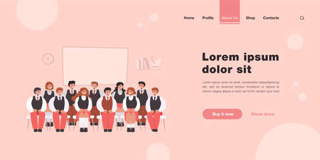 Front view of classmates sitting on chairs for photo isolated flat vector illustration. Cartoon group portrait of students in classroom. School and education conceptのイラスト素材