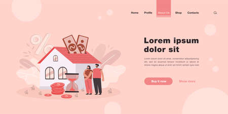 People buying home with mortgage loan flat vector illustration. Young couple paying credit to bank for being owners of private house property. Mortgage and rent concept for landing page or designのイラスト素材
