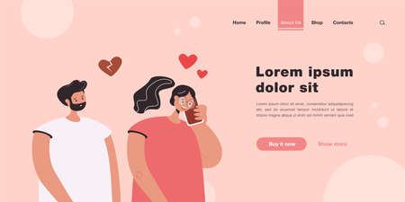 Girlfriend talking on phone and jealous boyfriend. Heartbroken male character, woman smiling flat vector illustration. Jealousy, relationship concept for banner, website design or landing web pageのイラスト素材