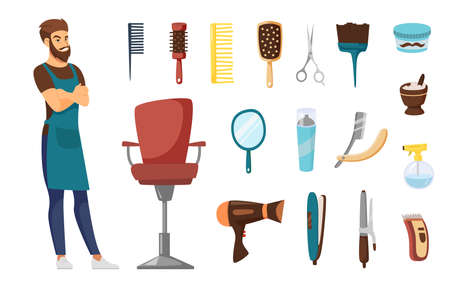 Male hairdresser character for kids vector illustrations set. Man in apron, hairdressing accessories and equipment, chair, comb, scissors isolated on white background. Profession, barbershop conceptのイラスト素材