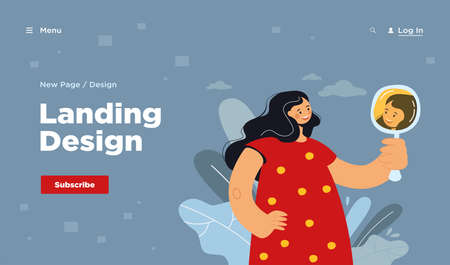 Happy woman looking at herself in mirror, smiling, admiring reflection. Vector illustration for female narcissism, overgrown ego, self love conceptのイラスト素材