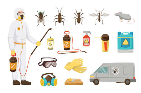 Pest control service worker for kids vector illustrations set. Man with fumigation equipment, instruments, truck, poison, pest prevention isolated on white background. Disinfection, profession conceptのイラスト素材