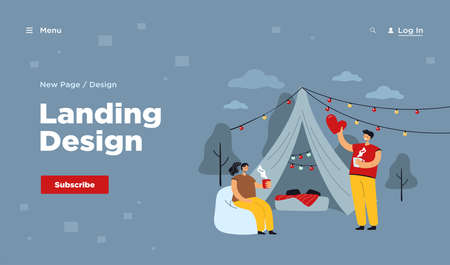 Cheerful couple camping together on nature isolated flat vector illustration. Cartoon man and woman drinking tea and glamping. Picnic holiday with accommodation and romantic trip conceptのイラスト素材