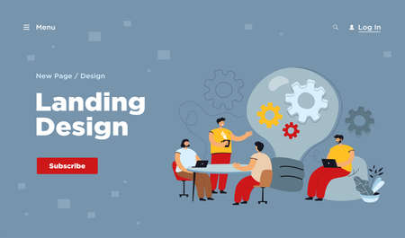 Creative office workers discussing ideas in team isolated flat vector illustration. Cartoon people sitting at desk, meeting, brainstorming and coworking. Business, cooperation and teamwork conceptのイラスト素材