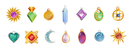 Magical amulets of different shapes vector illustrations set. Gemstone necklace pendants for witch or wizard isolated on white background. Magic, witchcraft, fantasy concept for UI, GUI or game designのイラスト素材