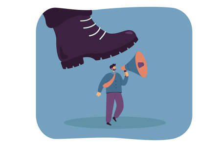 Giant boot stepping on tiny worker holding megaphone. Flat vector illustration. Cartoon businessman under big shoe of soldier. Army, freedom of speech, business, crush concept for banner designのイラスト素材