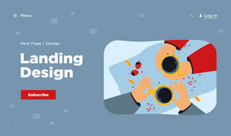 Top view of human hands holding cups isolated flat vector illustration. Cartoon unrecognizable character drinking morning tea or coffee in cafe. Friends meeting and refreshment conceptのイラスト素材