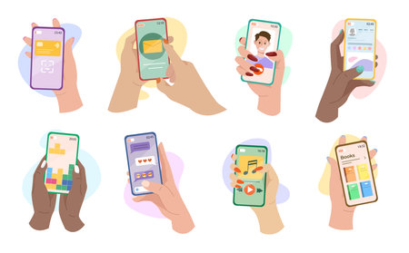 Hands holding phones with mobile apps vector illustrations set. Female cartoon social media users chatting, writing posts online isolated on white background. Technology, communication conceptのイラスト素材