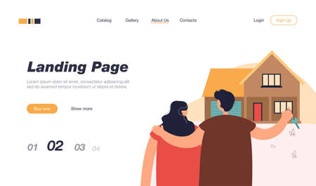 Married couple looking at new home. Husband with key hugging wife, house with garage flat vector illustration. Moving, real estate concept for banner, website design or landing web pageのイラスト素材