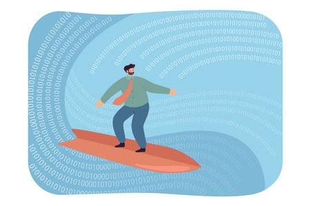 Businessman surfing on digital wave. Flat vector illustration. Person exploring virtual reality full of binary numbers and codes. Surfing, challenge, Internet concept for banner designのイラスト素材