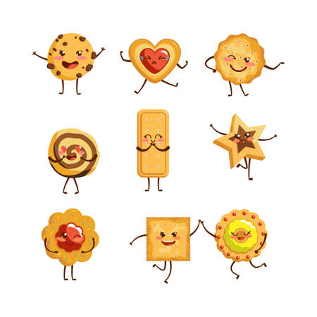 Cute cookie cartoon characters vector illustrations set. Different funny biscuits, crackers and shortbreads of circle, square or heart shape isolated on white background. Food, dessert, bakery conceptのイラスト素材