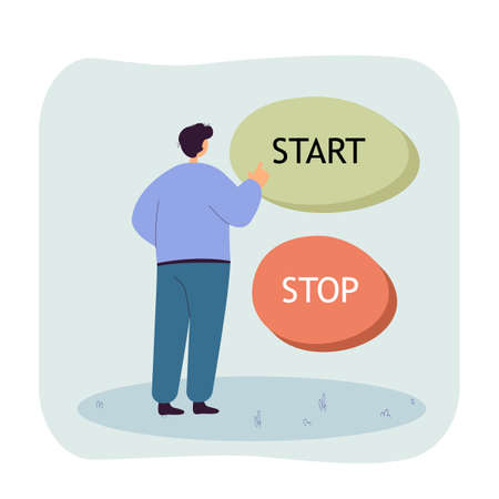 Man standing in front of huge start and stop buttons. Male character pushing button, making decision flat vector illustration. Choice, startup concept for banner, website design or landing web pageのイラスト素材