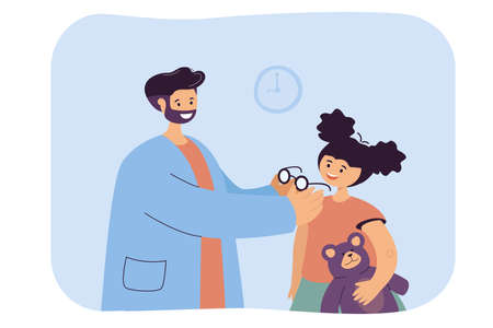 Ophthalmologist assisting in selection of glasses for child. Flat vector illustration. Happy girl and optometrist trying on frame of her glasses. Medical appointment, vision, eye examining conceptのイラスト素材