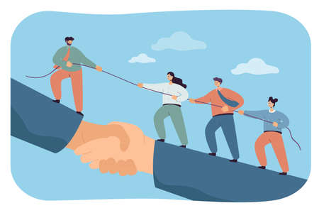 Business team climbing giant handshake with support of leader. Flat vector illustration. Cooperation of employees striving for success and career achievements. Leadership, teamwork, growth conceptのイラスト素材