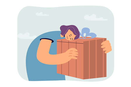 Happy cartoon woman holding big gift box. Female character receiving present for birthday, anniversary or holiday flat vector illustration. Birthday, celebration concept for banner or landing web pageのイラスト素材