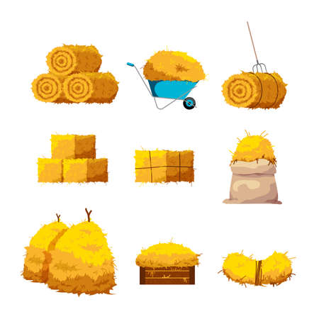 Set of bales of hay and dried grass in different forms. Cartoon vector illustration. Yellow straw and wheat stacks isolated on white background. Farm, animal food, feeding concept for banner designのイラスト素材