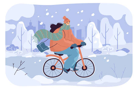 Cartoon girl riding bicycle on snowy road in city. Female cyclist on bike outside in cold weather flat vector illustration. Winter, Christmas, sports concept for banner, website design or landing pageのイラスト素材