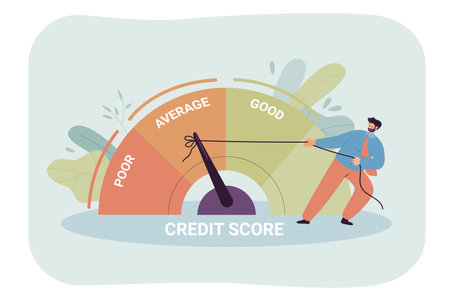 Businessman pulling speedometer from poor to good performance. Person changing credit report for better flat vector illustration. Credit score, customer satisfaction, loan, debt concept for bannerのイラスト素材