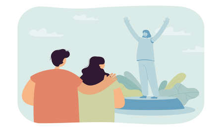 People listening speech of virtual public speaker. Podium speaker speaking to audience during online meeting flat vector illustration. Oratory concept for banner, website design or landing web pageのイラスト素材