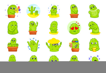 Cute green cactus cartoon characters stickers set. Spiky plant in different poses, actions and with face expressions: happy, sad, angry, shy, loving, singing, laughing. Emotions conceptのイラスト素材
