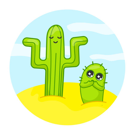 Cute little cactus dreaming to grow up. Big green cactus standing nearby. Cartoon characters sticker. Flat vector illustration. Dreams, emotions conceptのイラスト素材