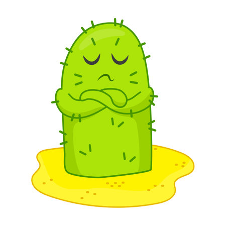 Offended green cactus sticker. Upset plant cartoon character with folded hands. Flat vector illustration. Emotions conceptのイラスト素材