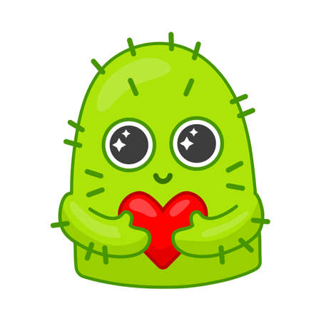 Loving cactus holding red heart in hands. Cute cartoon character feeling love. Flat vector illustration. Love, romance, emotions conceptのイラスト素材