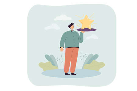 Cartoon waiter serving star on tray to VIPs in restaurant. Male character giving bonus flat vector illustration. Luxury or premium quality service, advertisement concept for banner or website designのイラスト素材