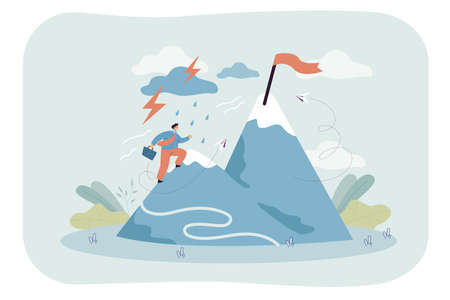 Cartoon businessman climbing snowy mountain towards flag. Man with belief and ambition making effort to reach goal flat vector illustration. Perseverance, challenge concept for banner, website designのイラスト素材