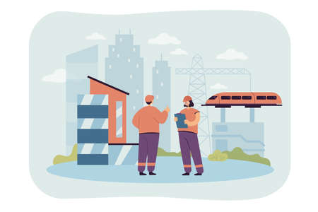 Cartoon engineers working on railway construction. Building railroad, industrial management flat vector illustration. Civil infrastructure or engineering, industry concept for banner, website designのイラスト素材