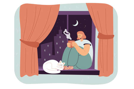 Female cartoon character sitting on window sill with cat. Lonely woman drinking and enjoying hot tea or coffee while looking outside flat vector illustration. Home office, quarantine, pets conceptのイラスト素材