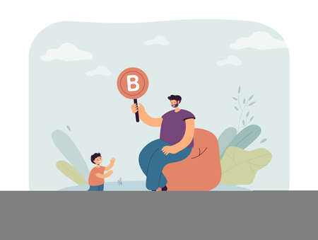 Father and son studying alphabet together. Man holding card with letter b in hand, teaching boy flat vector illustration. Preschool education concept for banner, website design or landing web pageのイラスト素材